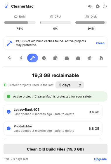 CleanerMac — Developer Deep Clean for Xcode CleanerMac Developer Deep Clean reclaiming old Xcode build caches