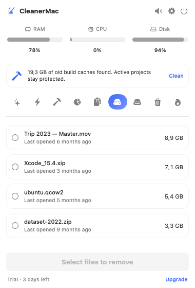 CleanerMac — find large & old files CleanerMac Large and Old Files finder listing big forgotten files