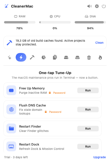 CleanerMac — one-tap Tune-Up CleanerMac one-tap Tune-Up: free RAM, flush DNS, restart Finder and Dock